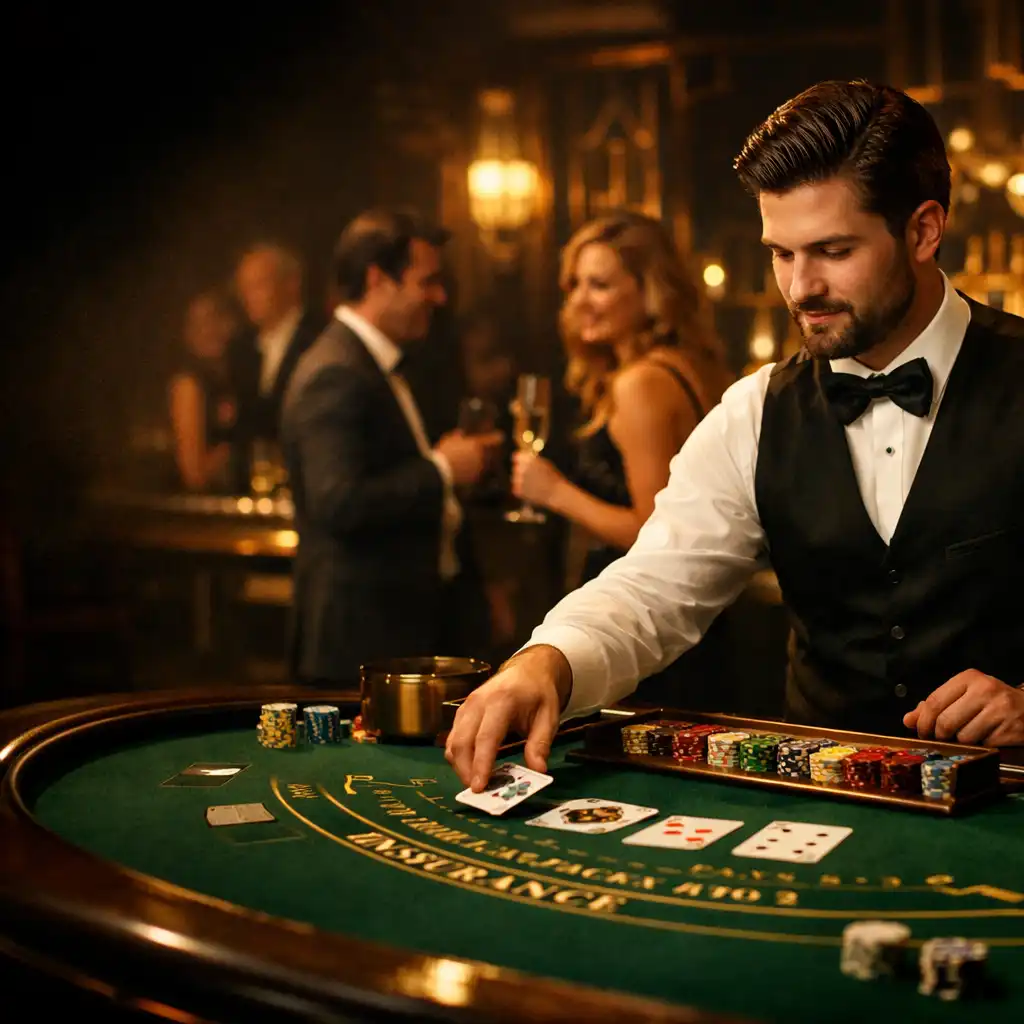 Elegancki event kasynowy z krupierem i stołem blackjacka